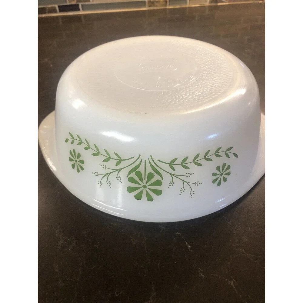 Glasbake‎ 2 QT. Dish, USA, J514 79 White/Green Flowers Daisies Vintage